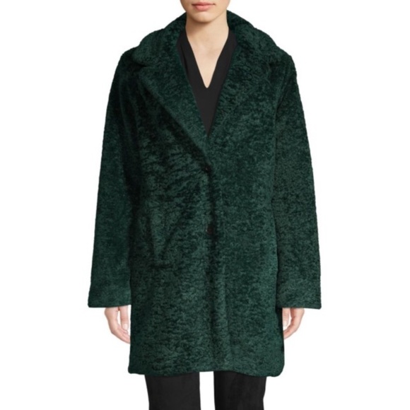 Tahari Dark Green Faux Fur Shearling Teddy Coat - Picture 2 of 13